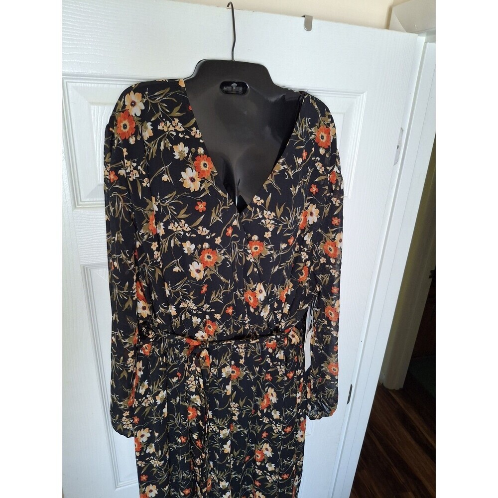 Nine Britton Stitch Fix Maxi Dress Size XXL Black Floral Print Belted Chiffon - Picture 6 of 9